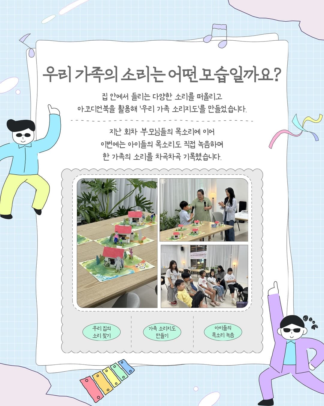가족들이 아코디언북으로 우리 가족 소리지도를 만들고 목소리를 녹음하는 모습